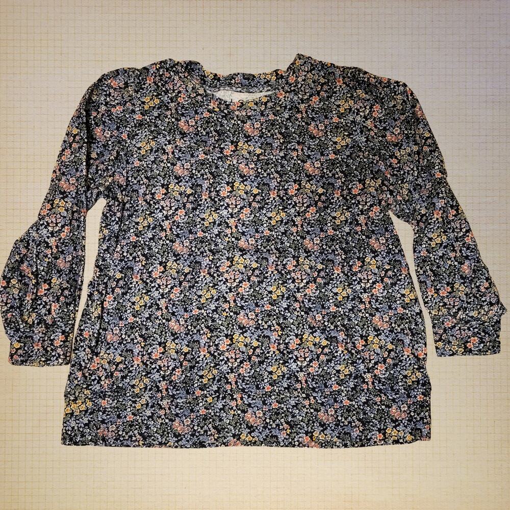 LOFT Women's Large Floral Blouse Black Long Statement Sleeves Boho Flowy Top